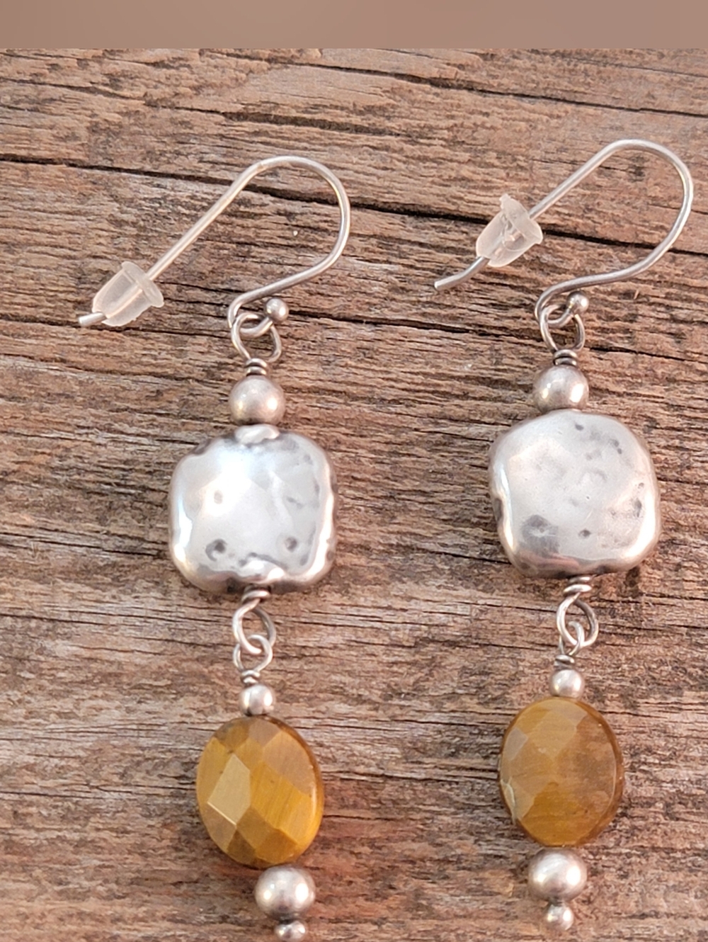 Silpada Hammered Sterling Silver & Faceted Tigers Eye Dangle Drop Earrings - Picture 2 of 4